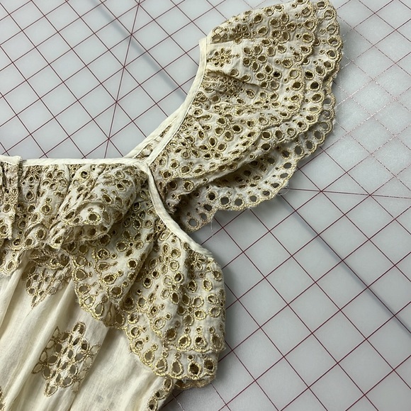 PQ SWIM ANTHRO Haven Cate Ruffle Tier Gold Eyelet Cotton Ecru Resort Mini SZ M/L - Picture 7 of 16